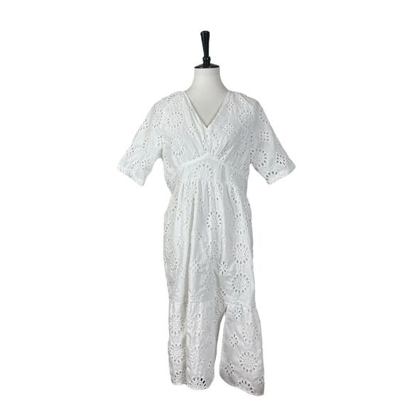 White Eyelet Lace Midi Dress Hight Waist V-neck Short Sleeves Women’s Size Large - Picture 1 of 11